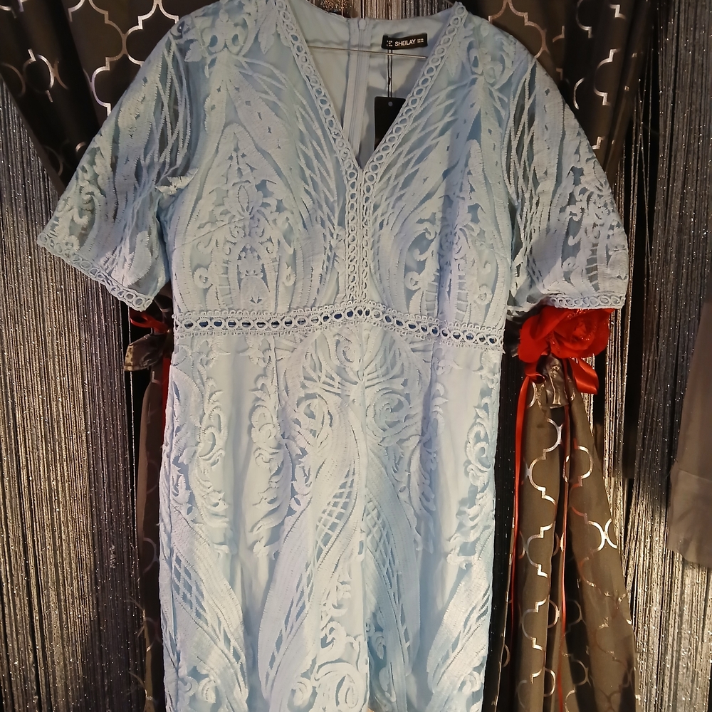 Elegant Light Blue Lace Midi Dress